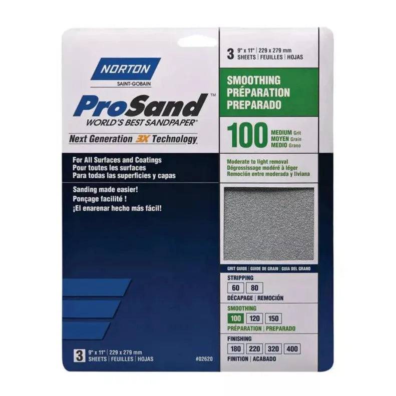 The NORTON 02620 ProSand 9 in. x 11 in. 100-Grit Sanding Sheets (3-Pack) are versatile for all surfaces and coatings, ideal for woodworking projects, with multilingual labels for easy understanding.
